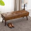 Mid-Century End of Bed Bench with Brown Leather Upholstered Seat Solid Wood Legs