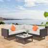 4-pieces Outdoor Wicker Sofa Set;  Patio Furniture with Colorful Pillows;  L-shape sofa set;  Gray cushions and Black Rattan