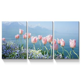 3 Panels Framed Pink Tulip Beside Sea Canvas Wall Art Decor,3 Pieces Mordern Canvas Decoration Painting for Office,Dining room,Living room