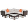 4-pieces Outdoor Wicker Sofa Set;  Patio Furniture with Colorful Pillows;  L-shape sofa set;  Gray cushions and Black Rattan