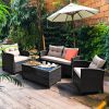 4 Pieces Outdoor Rattan Armrest Furniture Set Table with Lower Shelf