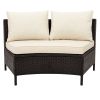 5 Pieces All-Weather Brown PE Rattan Wicker Sofa Set Outdoor Patio Sectional Furniture Set Half-Moon Sofa Set with Tempered Glass Table