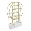 70.8 Inch Round Office Bookcase Bookshelf, Display Shelf, Two Drawers, Gold Frame