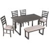 6-Pieces Family Furniture, Solid Wood Dining Room Set with Rectangular Table & 4 Chairs with Bench