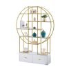 70.8 Inch Round Office Bookcase Bookshelf, Display Shelf, Two Drawers, Gold Frame