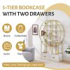 70.8 Inch Round Office Bookcase Bookshelf, Display Shelf, Two Drawers, Gold Frame