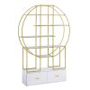 70.8 Inch Round Office Bookcase Bookshelf, Display Shelf, Two Drawers, Gold Frame