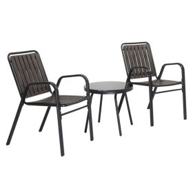 3-Piece Patio Bistro Table Set, Outdoor Furniture Set with 2 Stackable Patio Dining Chairs and Glass Table for Yard Balcony Porch, Black and Coffee (Color: as picture)