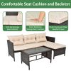 3 Piece Outdoor PE Rattan Furniture Set, Patio Black Wicker Conversation Loveseat Sofa Sectional Couch Khaki Cushion