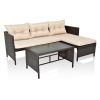 3 Piece Outdoor PE Rattan Furniture Set, Patio Black Wicker Conversation Loveseat Sofa Sectional Couch Khaki Cushion